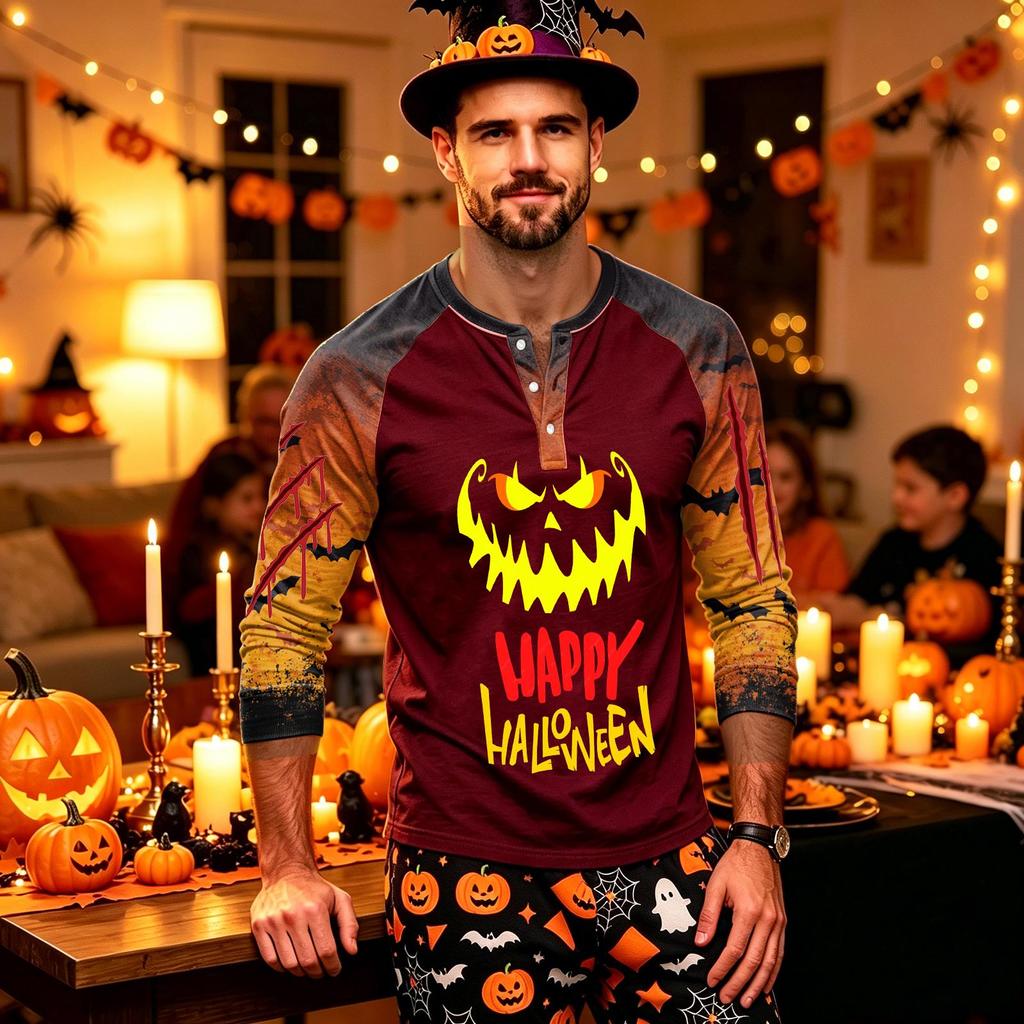 Men's Long Sleeve Shirt with Halloween Print for Holiday Parties and Casual Wear