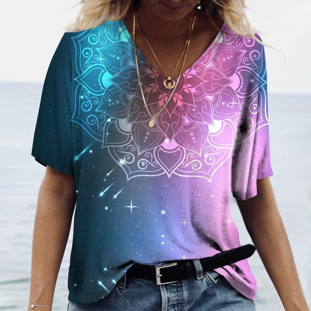 Ny fransk dame V-hals Kontrast Fritid V-krage T-skjorte med blomstertrykk 2023 Vår Sommer Slim Fit Kortermet T-skjorte for kvinner