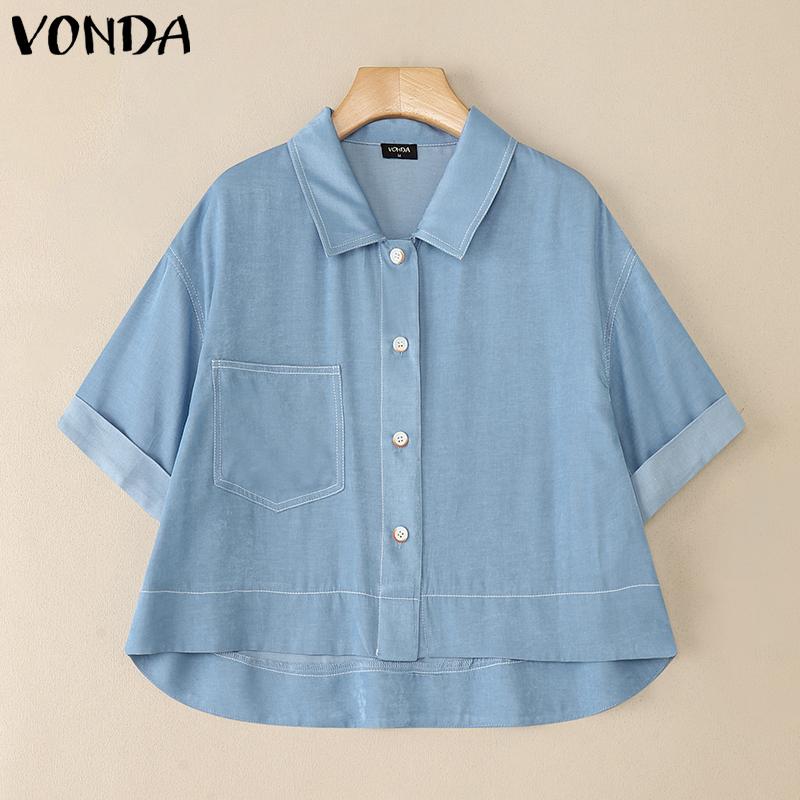VONDA Elegant Women Short Sleeve Lapel Button Down High Low Hem Casual Cropped Blouse
