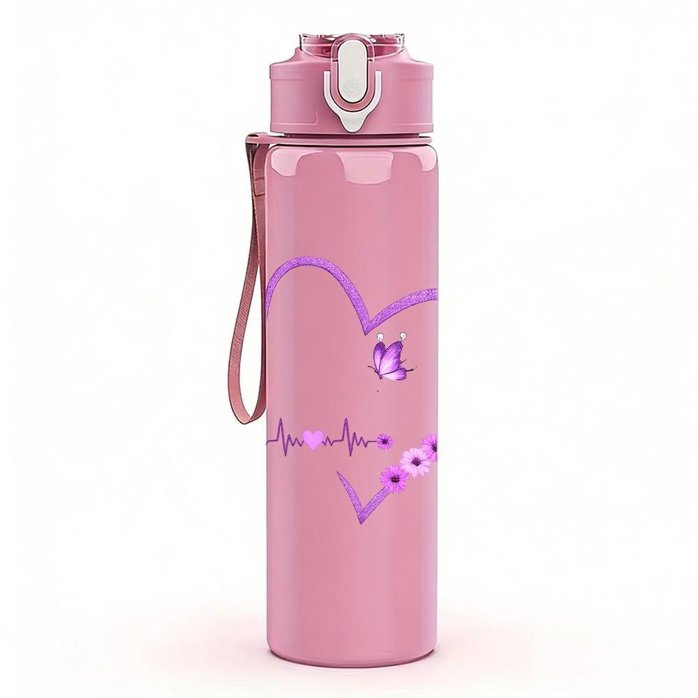 1PC Glitter Purple Heart Hand Drawn Print 750ml Color Plastic Sports Water Bottle Leakproof Flip Straw Lid Suitable for Sports Office Home Use