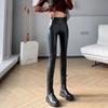Polarowe matowe PU spodnie skórzane damskie jesienne legginsy zimowe elastyczny, wysoki stan Slim Skinny wiatroodporne ciepłe seksowne legginsy