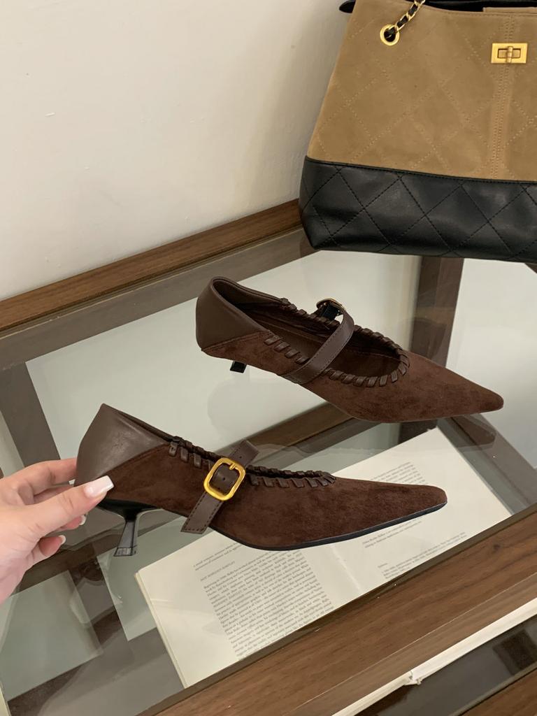 Temperamentvolle Damen-Pumps aus französischem Wildleder mit Spleißung, Herbst 2025 neu, vielseitig, Stiletto, spitz, mit einem Knopf, hohe Absätze