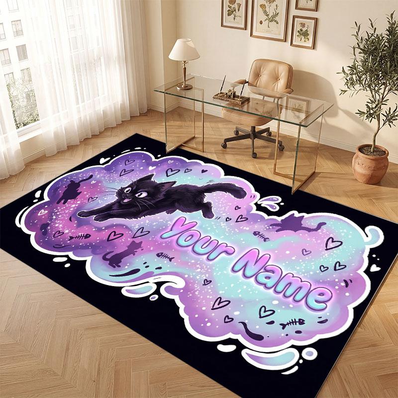 Cat Theme Crystal Velvet Floor Rug Personalized Custom Name Text Warm Carpet Home Decoration