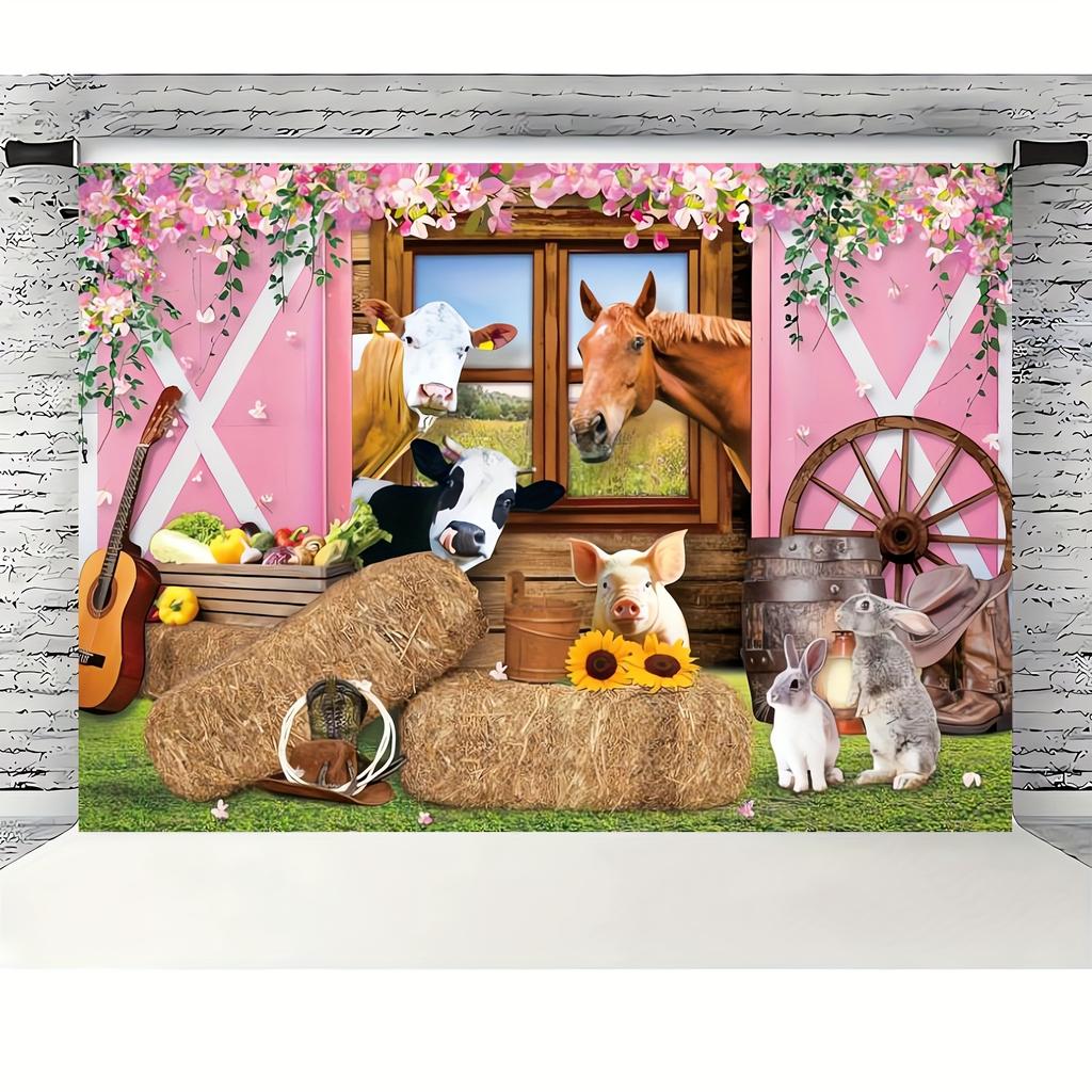 1pc Farm Pink barn background fabric cowgirl Wooden door animal flower foot rustic farmhouse plate cow birthday photo background