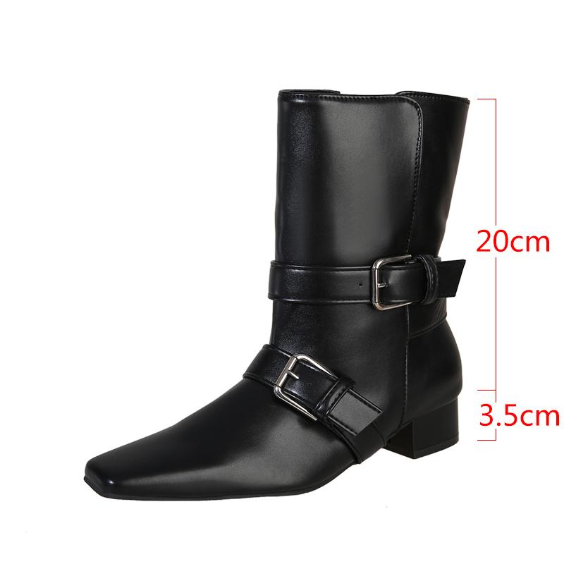 Woman Short Boots  Autumn Suede Leather Square Toe Women Heel Midsole Boots Low Heel Buckle Strap Retro Botas Para Mujer