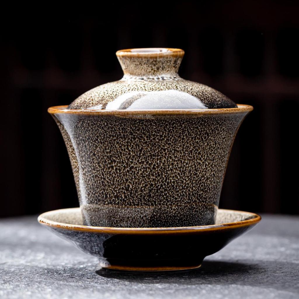 Large Kiln-fired Jianzhan Tenmoku Glaze Gaiwan Tea Cup with Lid - Ceramic Gongfu Tea Set for Home Use