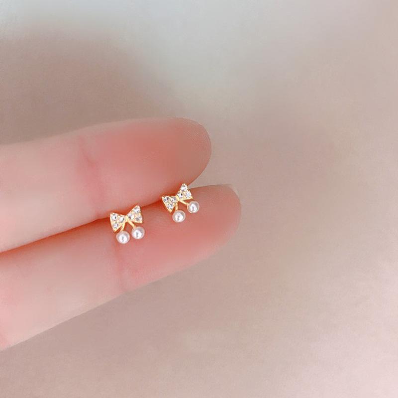 Elegant Bow Pearl Stud Earrings for Women Summer Minimalist Zircon Earrings Fashion Jewelry
