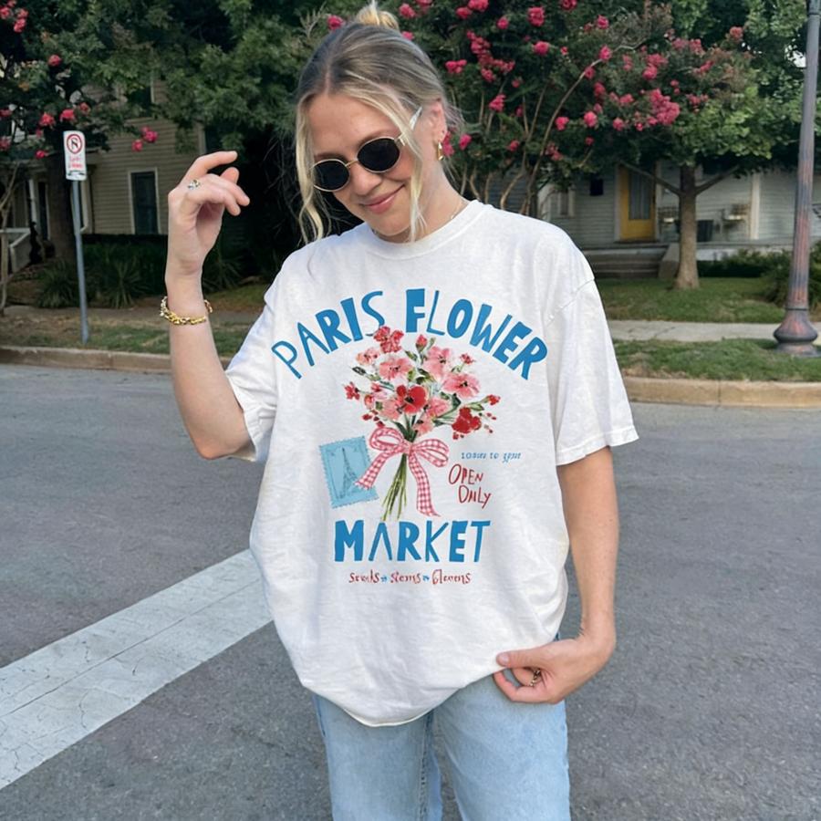 2026 Spring Summer Vintage Washed Cotton Women Oversized Crew Neck T-Shirt Romantic Paris Flower Market Floral Pattern Print Breathable St