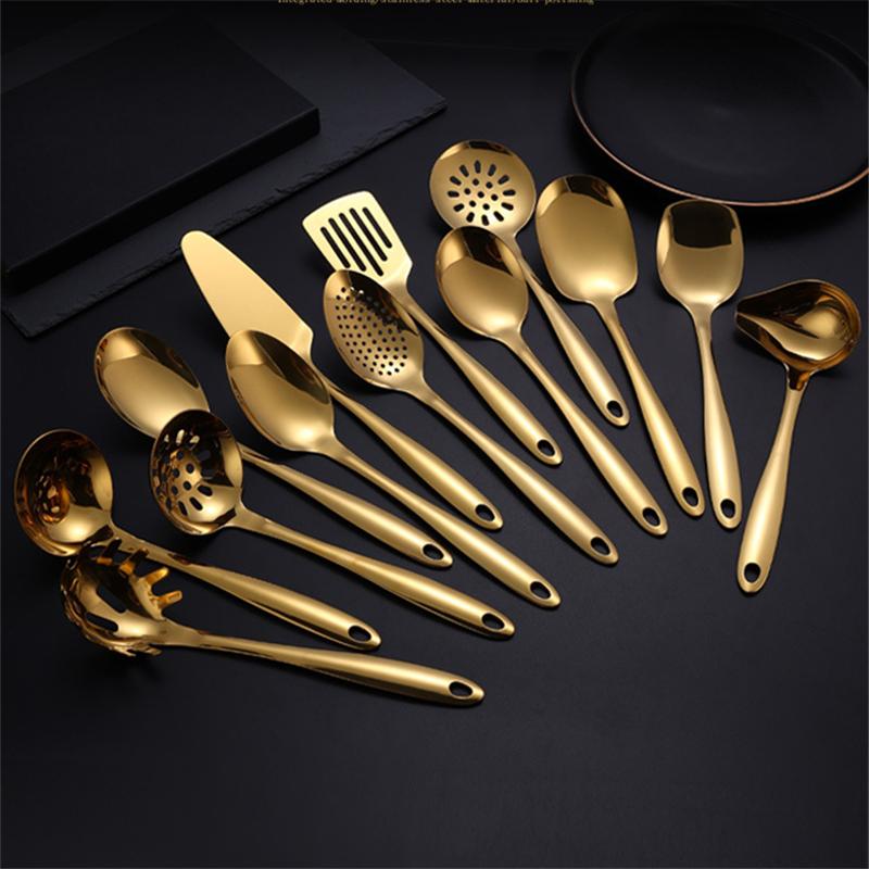 Golden 304 Stainless Steel Kitchen Public Spoon Colander Spatula Cake Shovel Long Rice Spoon Oil Filter Complete Cooking Tools
