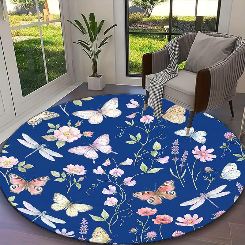 [1pc Cream Ivory Floral Butterfly Meadow Office Chair Carpet] Digital Printed Round Rug for Home & Game Room Use, Soft Indoor Sofa Chair Mat