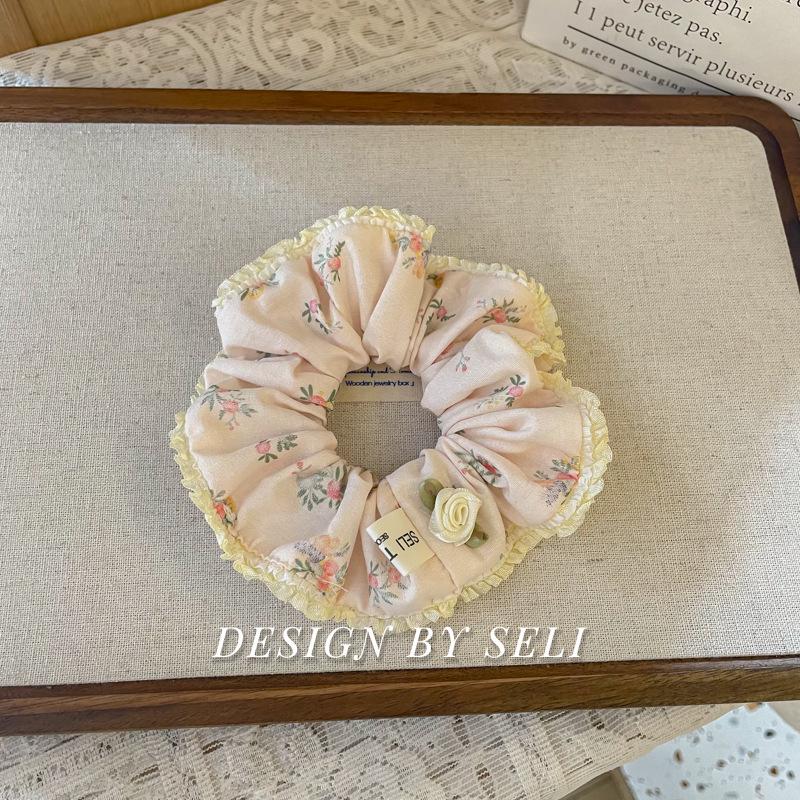 Elegant Beige French Fabric Scrunchie with Floral Bow and Lace Trim