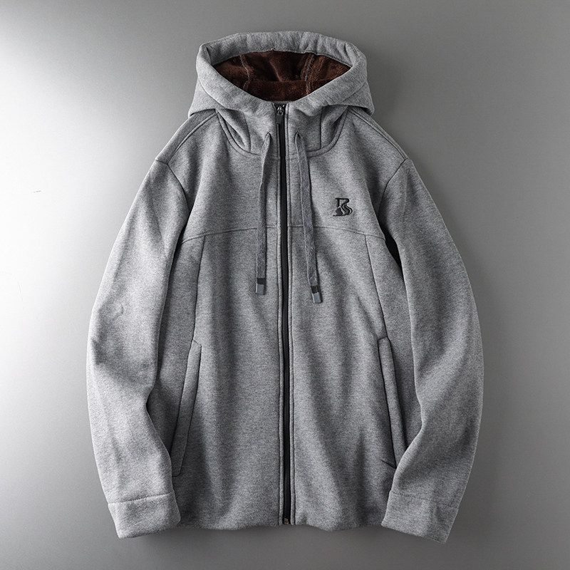 Zipper Men s American Style Thickening Cardigan Coat Sweatshirt Grey 3XL