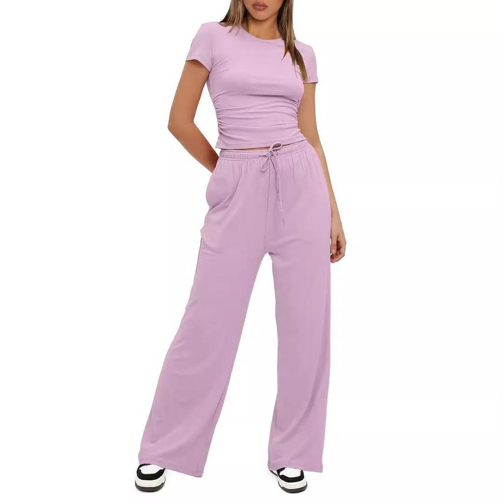Lässiges Rüschenbesatz Einfarbig Kurzarm Top & Hochtaillierte Weitbein Hose Set