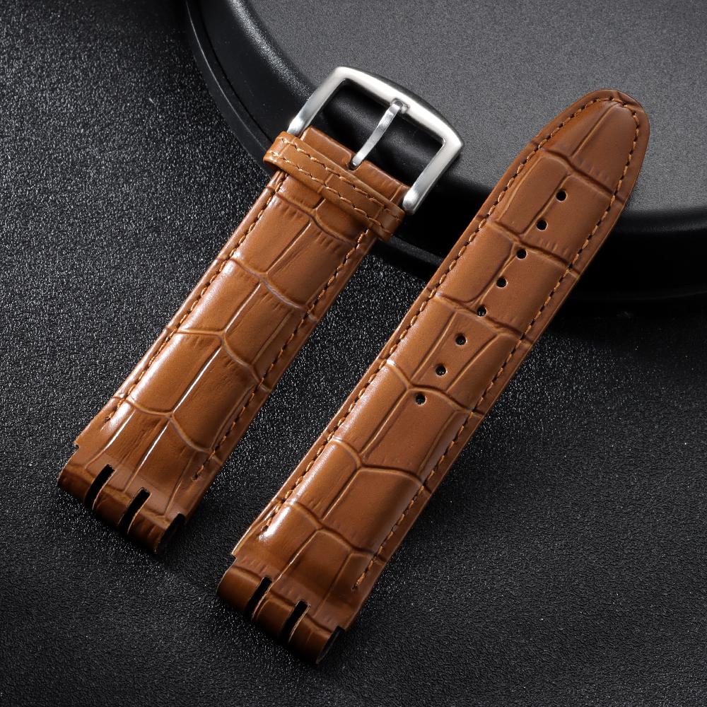 Matte Genuine Cowhide Watch Band for Swatch YOS440 449 401 447 Bamboo Embossed Leather Watch Strap for Men Business Wristband