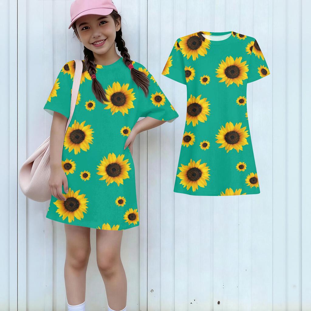 Girls Print Casual Dress Kids Loose Round Neck Short Sleeve Thin Sundress