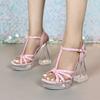 New Women's 12CM Transparent Thick Heel Sandals, Sexy Crystal Square Head, Non-slip Wedding Shoes, Fashion Car Model Style Party Sandals