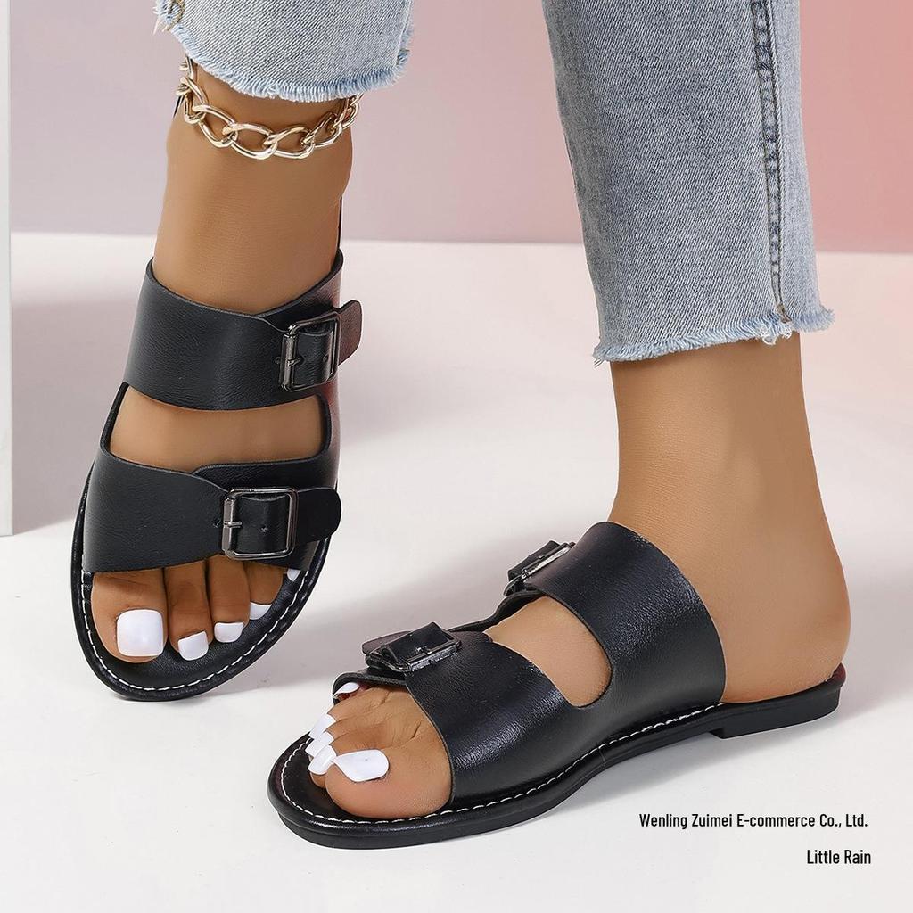 Retro Plus Size Women's Buckle Flip Flops - Open Toe Beach Sandals