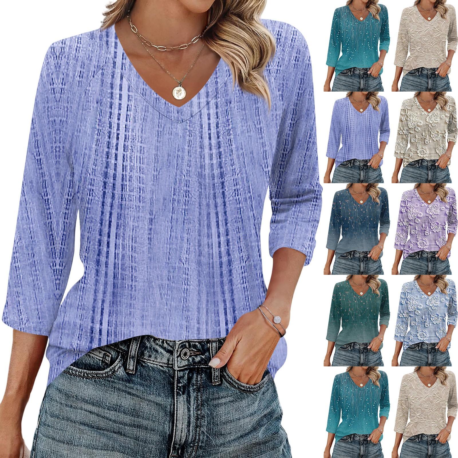 

Women s V Neck 3/4 Sleeve Tops Casual T Shirts Basic Summer Tees Loose Fit Fall Pullover Tunic M синій