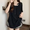 Women Asymmetrical Cut-out T-shirt with Chain Detail Crew Neck Short Sleeve Oversized Loose Fit Solid Color Tee