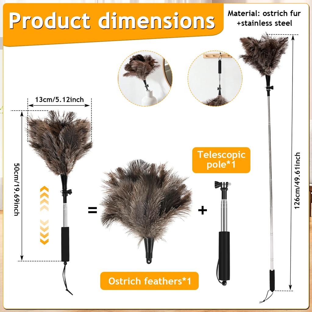 19-49 inch Extendable Feather Duster Handheld Bendable Ostrich Feather Duster Multipurpose Home Cleaning Tool for Ceiling Fan