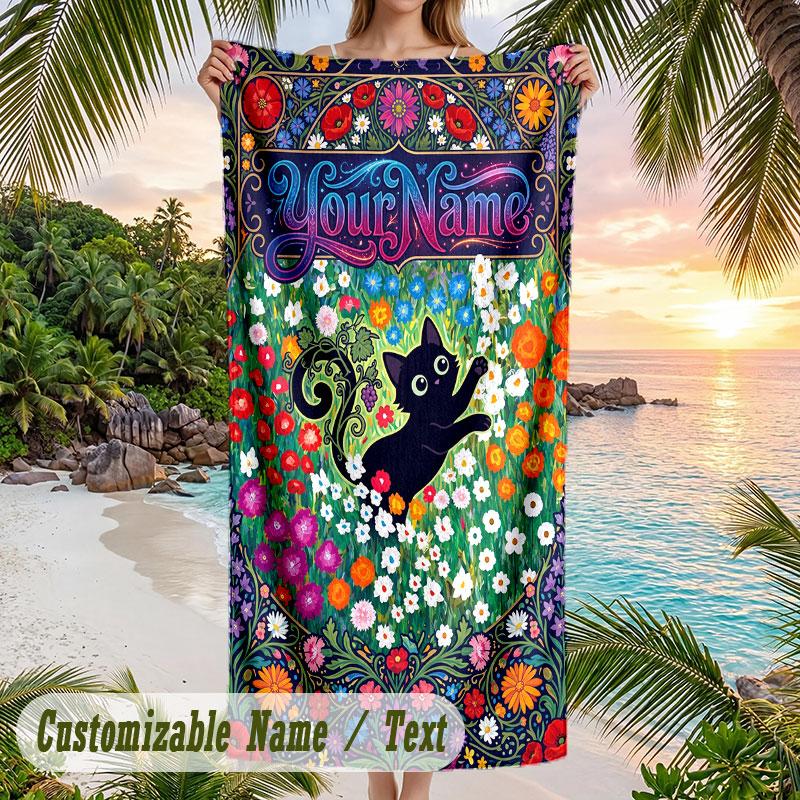 Floral Fantasy Artwork Theme Quick Dry Beach Towel Custom Name Text Print Large Sand Resistant Towel Beach Vacation