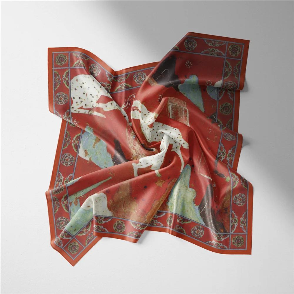 Twill Silk Scarf Woman Deer Painting Square Scarves Wraps Bandana Small Hijab Silk Foulards Tie Headband Neckerchief 53Cm