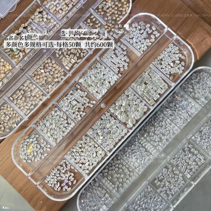 New Nail Drill Mixed 12 Box Flat Shaped Drill Mini Zircon Ice Transparent White Horse Eye Water Drop Mixed