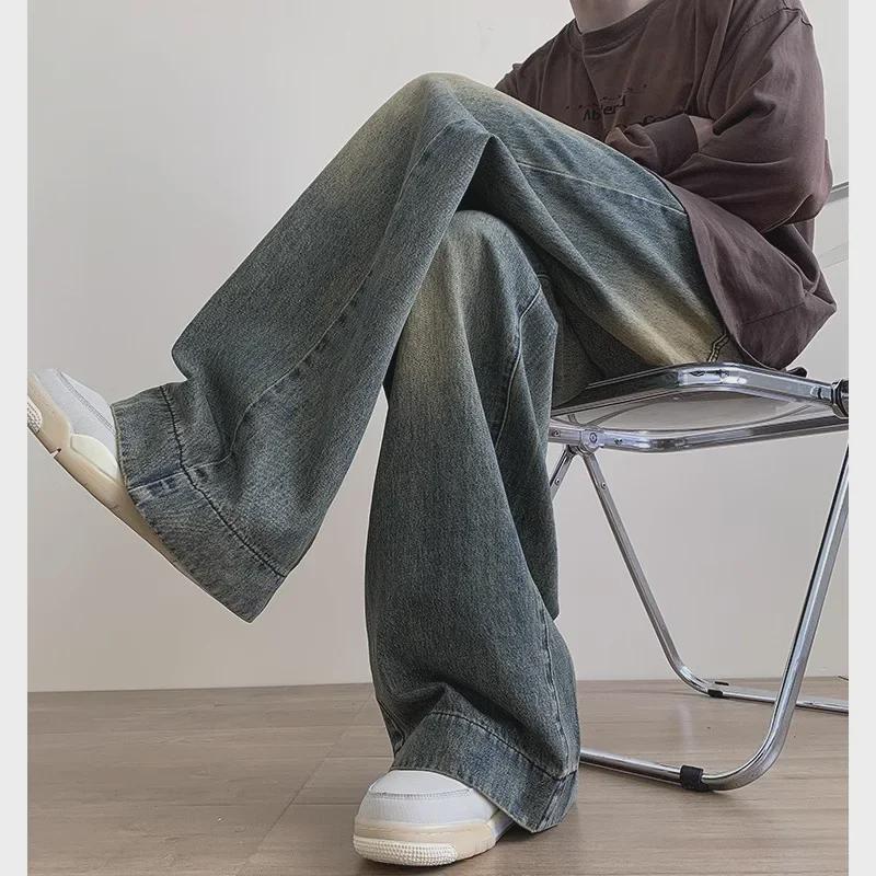Men's Retro Blue Distressed Wide-Leg Jeans - Cleanfit Straight Style for Spring & Autumn