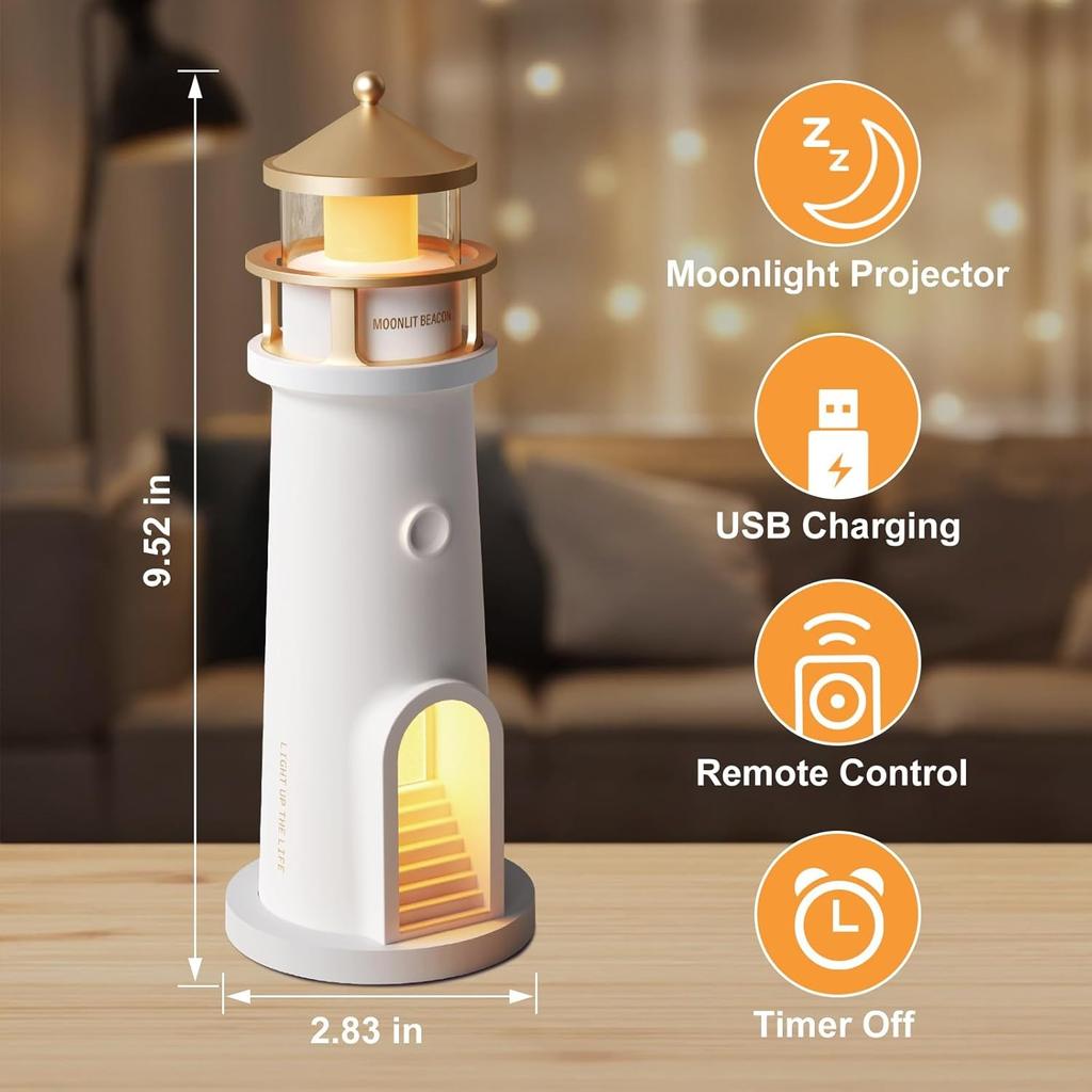 Lighthouse Lamp Moon Projector - Cordless Night Light for Nightstand w/ Remote Control, 2700K Warm Light & Moonlight Projection