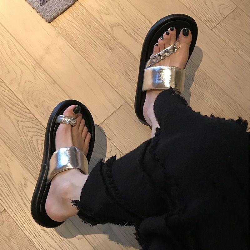 2025 Summer New Shit-stepping Slippers Female Outer Wear Fairy Wind Non-slip Thick Bottom Word with Rhinestone Toe Cool Slippers