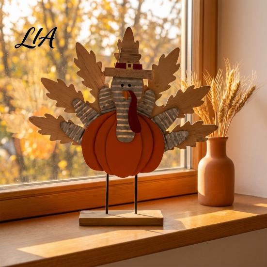 Thanksgiving Gift Souvenirs Turkey Decoration, Wooden Standing Ornament, Autumn Tabletop Rustic Pumpkin Crafts Centerpiece for Fall Harvest