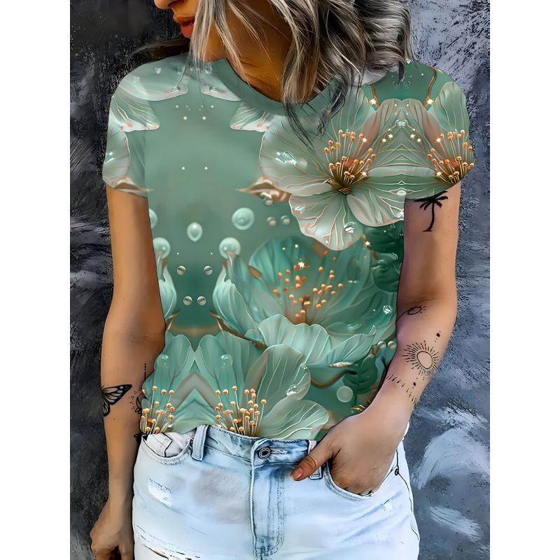 Women's Summer Casual Round Neck Short Sleeve Floral Pattern Top Wear Ladies T-shirt Mother's Day Gift