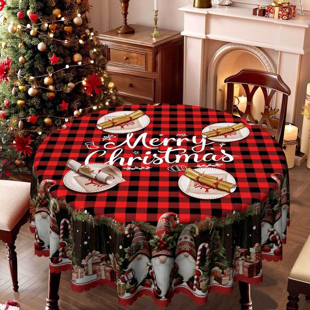 Winter Christmas Tablecloth Red And Black Checked Snowman Reindeer Print, Coffee Table Round Tablecloth, Restaurant Decoration