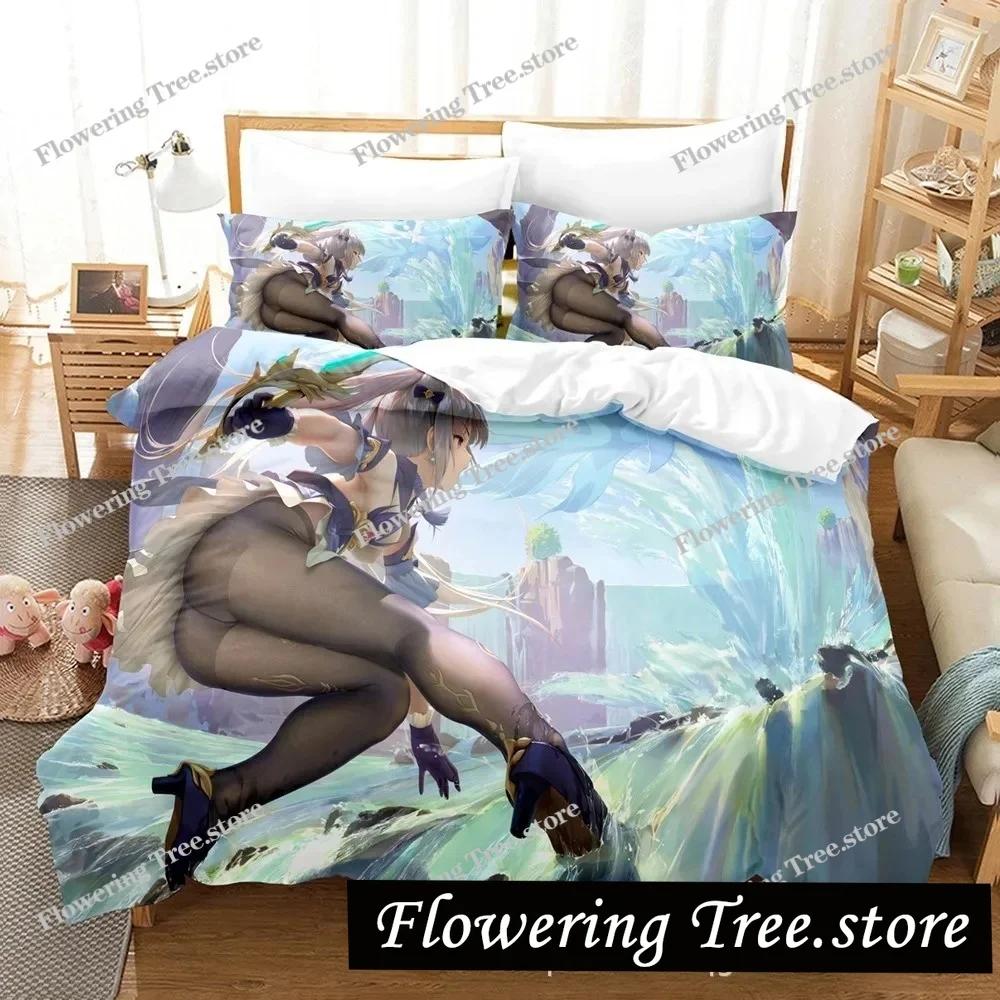 Genshin Impact Bedding Set Purple Keqing Soft Microfiber Duvet Cover Pillowcase Queen King Ganyu Duvet Cover Sets