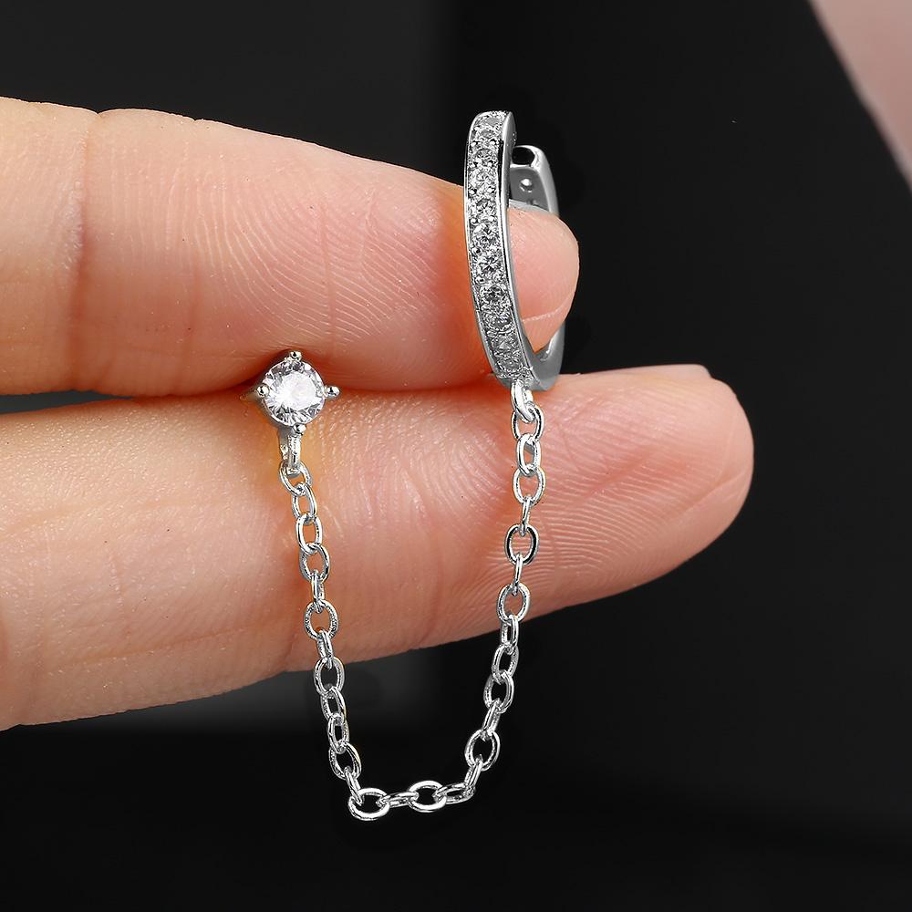 1pc Simple Style Piercing Stud Earring For Women Shiny Zircon Chain Clip Earring Accessory Gold Color Cartilage Fashion Jewelry