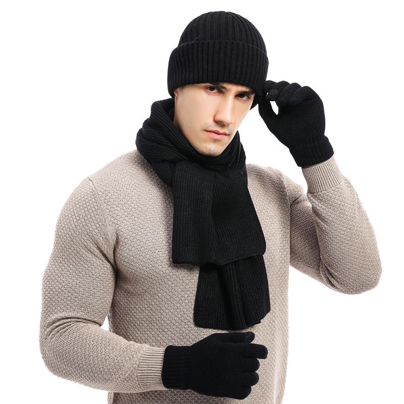 Men's and Women's Autumn and Winter Warm Suits Mixed Color Knitted Thickened Hat Scarf Gloves Three-piece Set