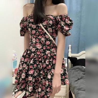 Square Collar Off Shoulder Mini Dress Waist Tight Pleated Hem High-Waist Rose Flower Print Puff Short Sleeve Dress