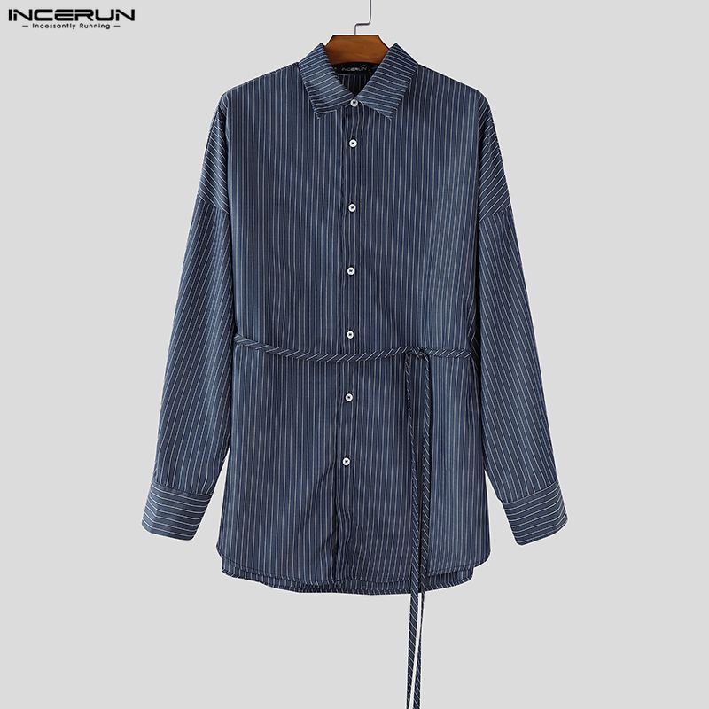 INCERUN Plus Size Men Lapel Neck Long Sleeve Lace-up Striped Loose Casual Long Shirts