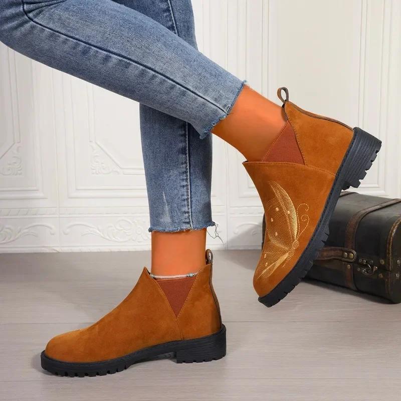 Fashion Women's Shoes on Sale 2024 Sleeve Autumn Round Toe Suede Solid Middle Tube Chunky Heels Large Size Naked Boots Zapatos De Mujer