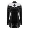 Robe Cosplay de Nonne pour Femme Col Montant Manches Longues Patchwork de Maille Croix Ourlet Fendu Robe Mini Moulante Halloween