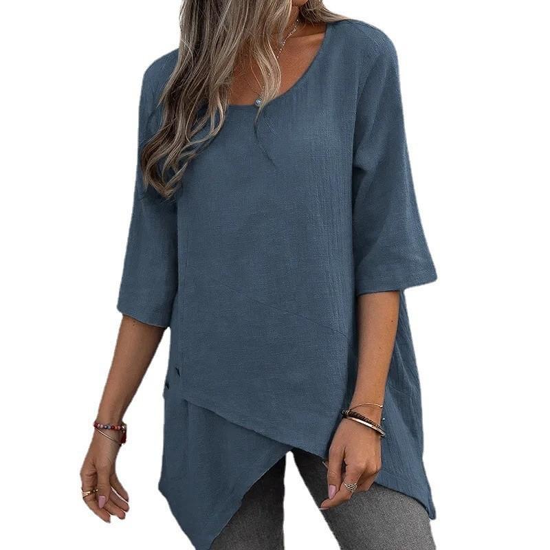 Women's Cotton Linen Round Neck Irregular Shirt Five-quarter Sleeve Tops Women’s