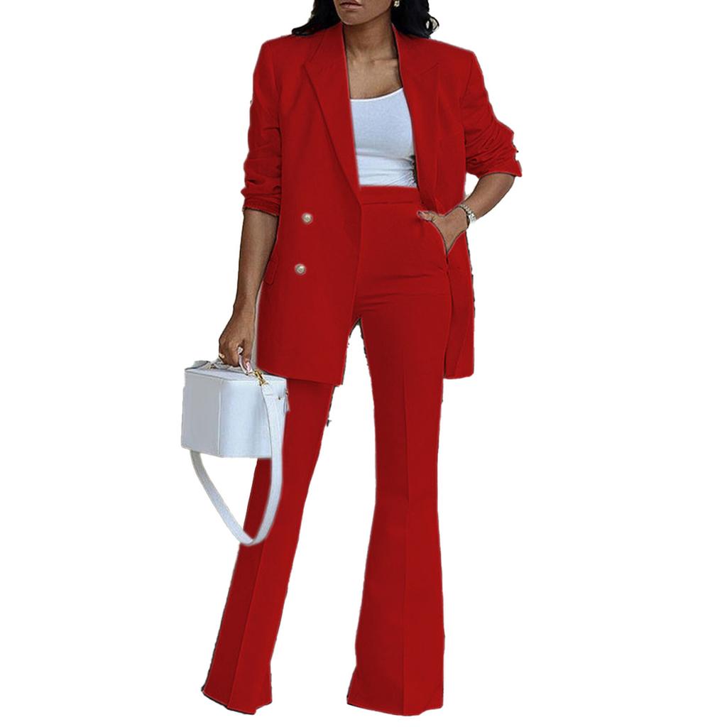 Women 2 Pieces Suit Plain Color Wide Leg Trousers Turn Down Collar 2 Pieces Long Pants Suit for