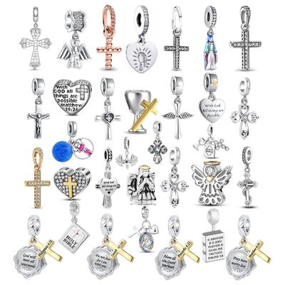 New 925 Silver Jesus Cross The Holy Bible Pendant Charms Beads Fit DIY 3mm-5mm Bracelet By Women Gift