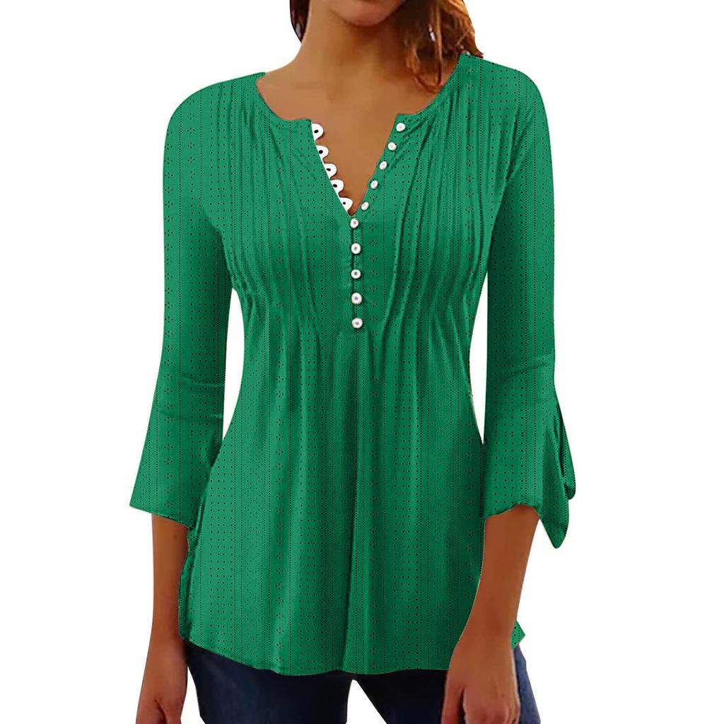 Solid Color Hollow Out V Neck Button Petal Sleeve Loose Commuting Women T Shirt