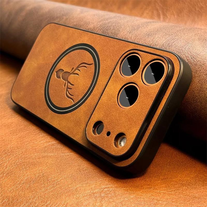 Luxury PU Leather Deer Case for IPhone 17 Air 16 15 14 13 12 11 Pro Max Plus 16E for Magsafe Wireless Charge Shockproof Cover