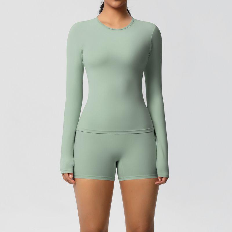 

New Style Pink Double-Sided Brushed Skinny Yoga Clothes Suit Women s Sports Running Fitness Clothes Two-piece Set High Elastic Running Long sleeves + shorts Suit-Basil Green XL