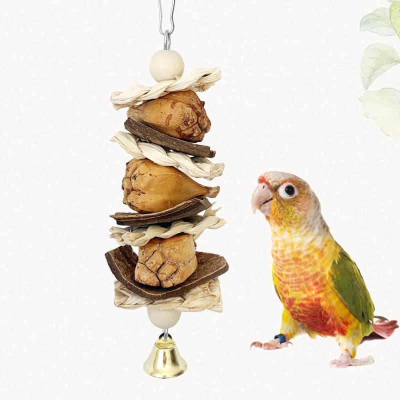 Handmade Parrot Toy Made of Corn Husk, Fur, Coconut Shell, Chewable String, Peony Flower, Phoenix Tiger Skin