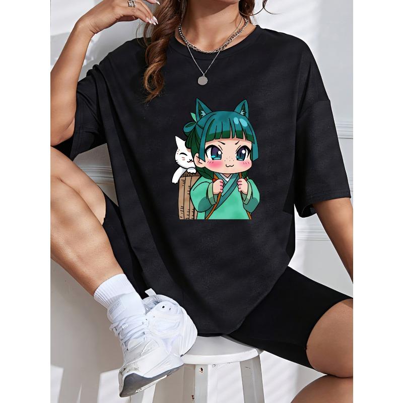 Roztomilá anime dívka s kočičím batohem Tričko Bílé s potiskem kreslené postavičky pro volný čas a každodenní nošení
