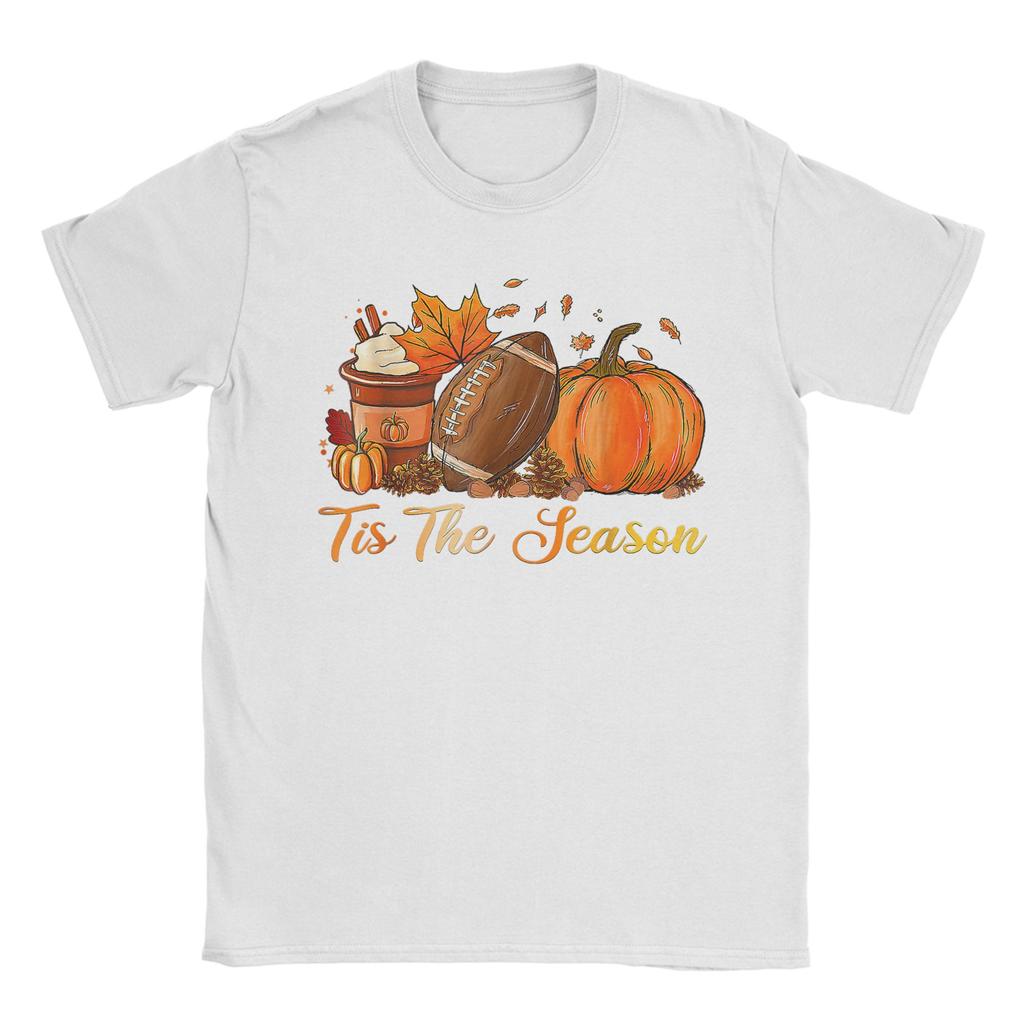 Unisexs TShirts Pumpkin Spice Football Tis The Season Fall Thanksgiving Tees Short Sleeve T Shirts Crew Neck Clothing Classic