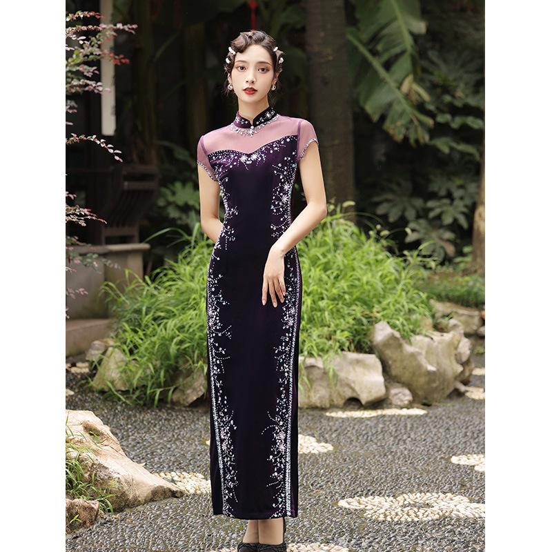 1011 autumn new velvet cheongsam literary cheongsam dress temperament lady long sleeve medium and long cheongsam adult